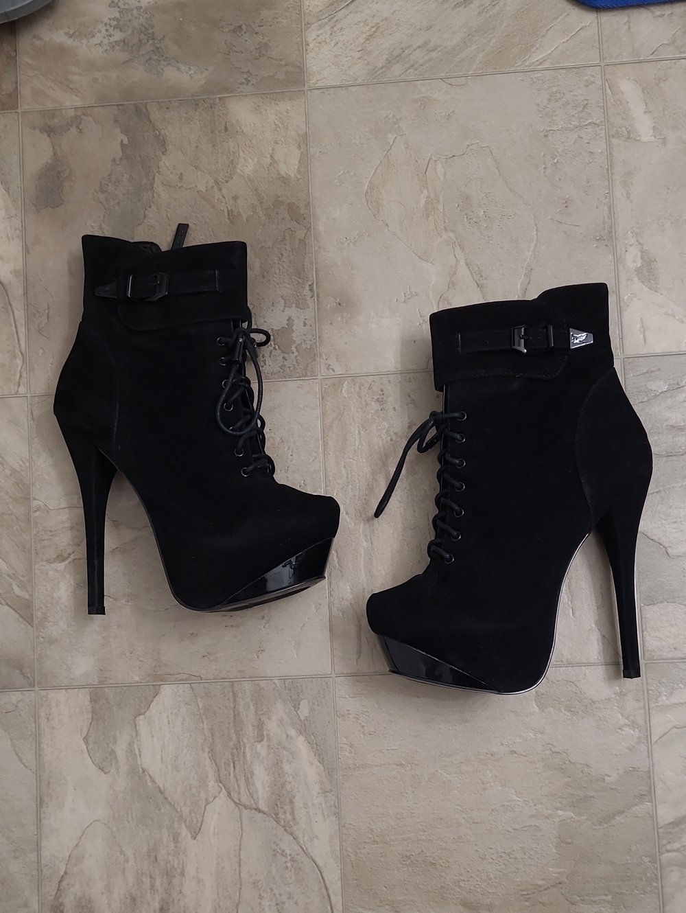 Black Suede Lace-Up High Heel Ankle Boots - Women